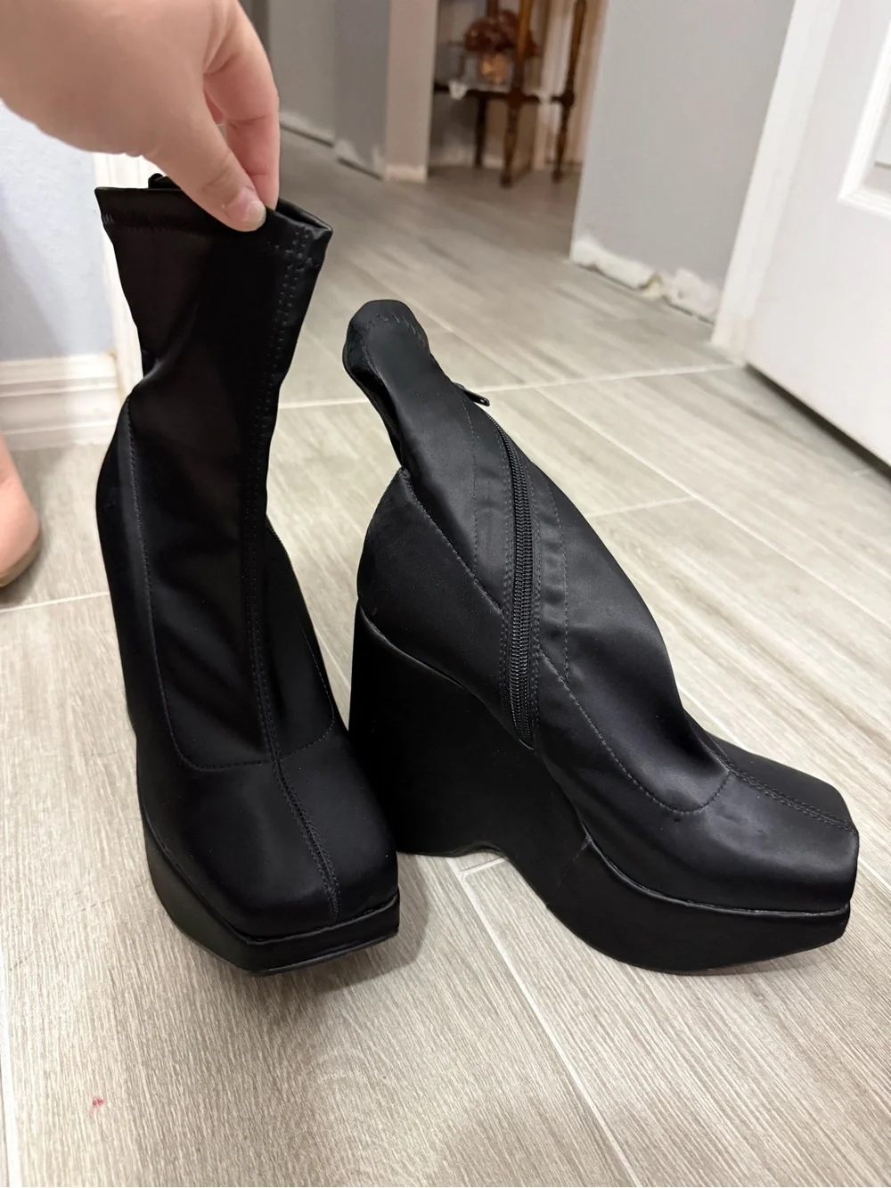 Black Platform Wedge Ankle Boots - Women's Size 9 Dollskill